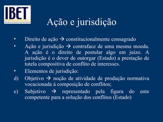 Ação e jurisdição Direito de ação    constitucionalmente consagrado Ação e jurisdição    contraface de uma mesma moeda. A ação é o direito de postular algo em juízo. A jurisdição é o dever de outorgar (Estado) a prestação de tutela compositiva de conflito de interesses. Elementos de jurisdição: Objetivo    noção de atividade de produção normativa vocacionada à composição de conflitos; Subjetivo    representado pela figura do ente competente para a solução dos conflitos (Estado) 