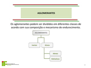 AGLOMERANTES
12
Os aglomerantes podem ser divididos em diferentes classes de
acordo com sua composição e mecanismo de endurecimento.
 