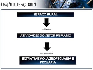 LIGAÇÃO DO ESPAÇO RURAL
ESPAÇO RURAL
ATIVIDADES DO SETOR PRIMÁRIO
EXTRATIVISMO, AGROPECUÁRIA E
PECUÁRIA
está ligado a
caracterizado pelo
 