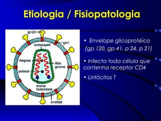 • Envelope glicoprotéico
(gp 120, gp 41, p 24, p 21)
Etiologia / Fisiopatologia
• Infecta toda célula que
contenha receptor CD4
• Linfócitos T
 