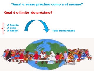 “Amai o vosso próximo como a si mesmo”
Qual é o limite do próximo?
• A família
• A seita
• A nação Toda Humanidade
 