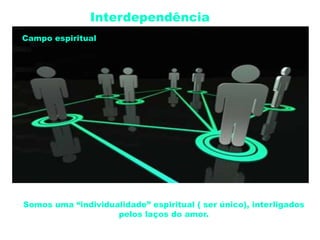 Interdependência
Somos uma “individualidade” espiritual ( ser único), interligados
pelos laços do amor.
Campo espiritual
 