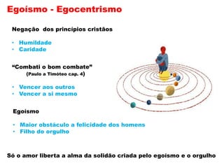 Egoísmo - Egocentrismo
Negação dos princípios cristãos
• Humildade
• Caridade
“Combati o bom combate”
(Paulo a Timóteo cap. 4)
• Vencer aos outros
• Vencer a si mesmo
Egoísmo
• Maior obstáculo a felicidade dos homens
• Filho do orgulho
Só o amor liberta a alma da solidão criada pelo egoísmo e o orgulho
 