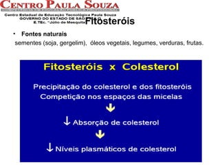 Fitosteróis
•

Fontes naturais
sementes (soja, gergelim), óleos vegetais, legumes, verduras, frutas.

 