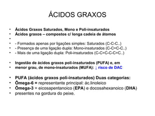 ÁCIDOS GRAXOS
•
•
•
•
•
•

Ácidos Graxos Saturados, Mono e Poli-insaturados
Ácidos graxos – compostos c/ longa cadeia de átomos

•
•

Ingestão de ácidos graxos poli-insaturados (PUFA) e, em
menor grau, de mono-insaturados (MUFA): ↓ risco de DAC

•
•
•
•

PUFA (ácidos graxos poli-insaturados) Duas categorias:
Ômega-6 = representante principal: ác.linoleico
Ômega-3 = eicosapentanoico (EPA) e docosahexanoico (DHA)
presentes na gordura do peixe.

- Formados apenas por ligações simples: Saturados (C-C-C..)
- Presença de uma ligação dupla: Mono-insaturados (C-C=C-C..)
- Mais de uma ligação dupla: Poli-insaturados (C-C=C-C-C=C..)

 