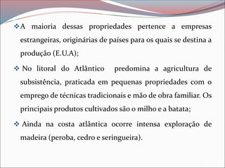 ❖A maioria dessas propriedades pertence a empresas
estrangeiras, originárias de países para os quais se destina a
produção (E.U.A);
❖ No litoral do Atlântico predomina a agricultura de
subsistência, praticada em pequenas propriedades com o
emprego de técnicas tradicionais e mão de obra familiar. Os
principais produtos cultivados são o milho e a batata;
❖ Ainda na costa atlântica ocorre intensa exploração de
madeira (peroba, cedro e seringueira).
 