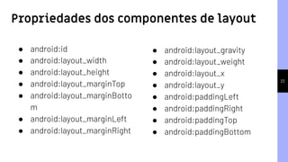 22
● android:id
● android:layout_width
● android:layout_height
● android:layout_marginTop
● android:layout_marginBotto
m
● android:layout_marginLeft
● android:layout_marginRight
Propriedades dos componentes de layout
● android:layout_gravity
● android:layout_weight
● android:layout_x
● android:layout_y
● android:paddingLeft
● android:paddingRight
● android:paddingTop
● android:paddingBottom
 
