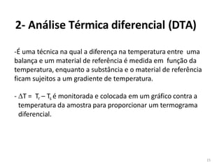 15
2- Análise Térmica diferencial (DTA)
-É uma técnica na qual a diferença na temperatura entre uma
balança e um material de referência é medida em função da
temperatura, enquanto a substância e o material de referência
ficam sujeitos a um gradiente de temperatura.
- T = Tr – Ts é monitorada e colocada em um gráfico contra a
temperatura da amostra para proporcionar um termograma
diferencial.
 