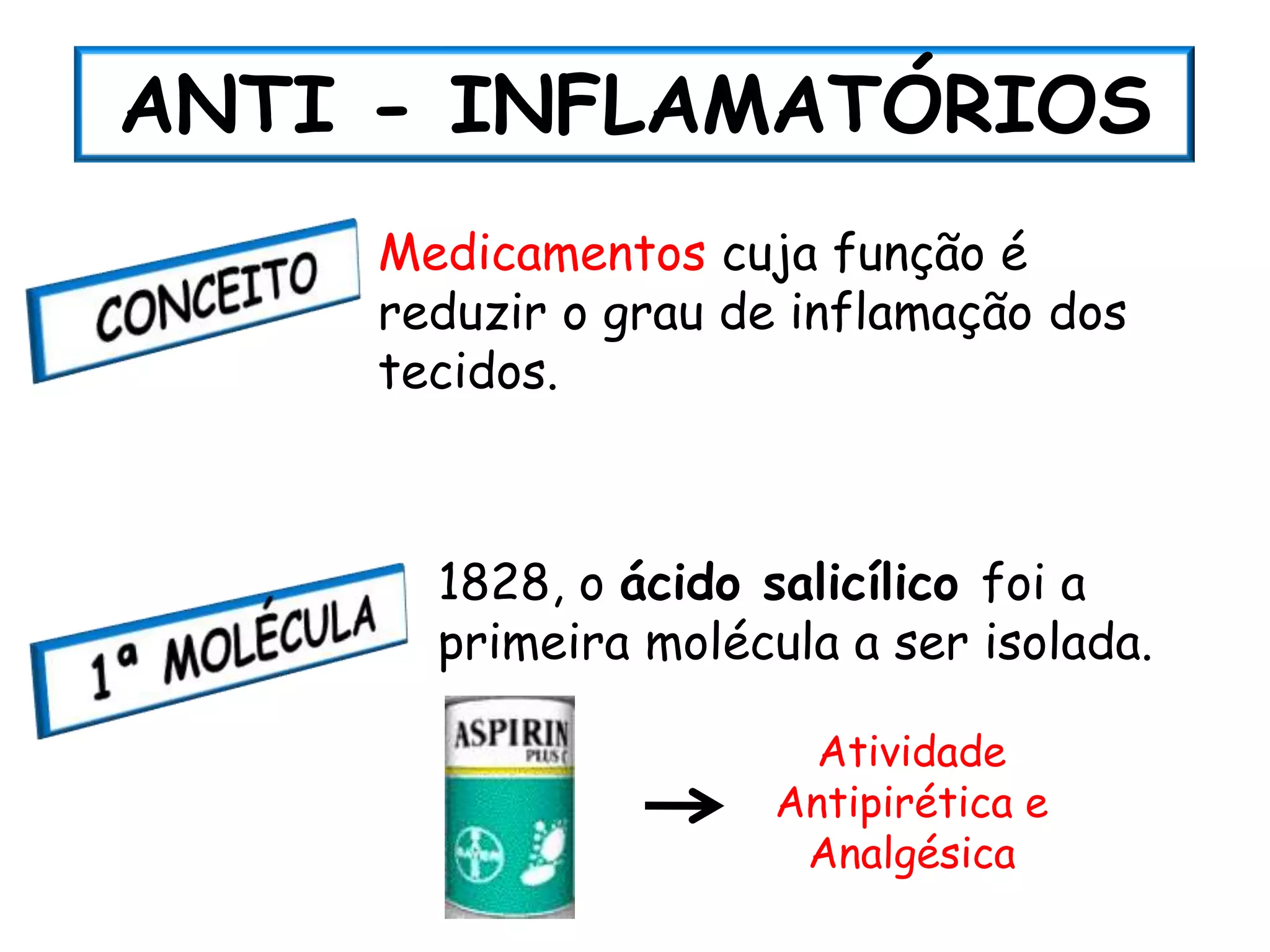 ANTI - INFLAMATÓRIOS
     Medicamentos cuja função é
     reduzir o grau de inflamação dos
     tecidos.



       1828, o ácido salicílico foi a
       primeira molécula a ser isolada.

                        Atividade
                      Antipirética e
                       Analgésica
 