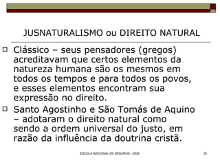 JUSNATURALISMO ou DIREITO NATURAL Clássico – seus pensadores (gregos) acreditavam que certos elementos da natureza humana são os mesmos em todos os tempos e para todos os povos, e esses elementos encontram sua expressão no direito. Santo Agostinho e São Tomás de Aquino – adotaram o direito natural como sendo a ordem universal do justo, em razão da influência da doutrina cristã. 