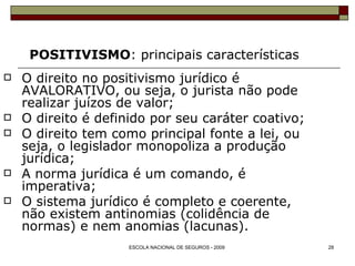 POSITIVISMO : principais características O direito no positivismo jurídico é AVALORATIVO, ou seja, o jurista não pode realizar juízos de valor; O direito é definido por seu caráter coativo; O direito tem como principal fonte a lei, ou seja, o legislador monopoliza a produção jurídica; A norma jurídica é um comando, é imperativa; O sistema jurídico é completo e coerente, não existem antinomias (colidência de normas) e nem anomias (lacunas). 