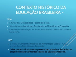 CONTEXTO HISTÓRICO DA
EDUCAÇÃO BRASILEIRA -
1954
 É fundada a Universidade Federal do Ceará.
 São criadas as Inspetorias Seccionais do Ministério da Educação.
 É Ministro da Educação e Cultura, no Governo Café Filho: Cândido
Mota Filho.
1955
 É criada a Campanha Nacional de Alimentação Escolar - CNAE,
vinculada ao Ministério da Educação.
 O Deputado Carlos Lacerda apresenta seu primeiro substitutivo ao
projeto de Lei para Diretrizes e Bases da Educação Nacional.
 