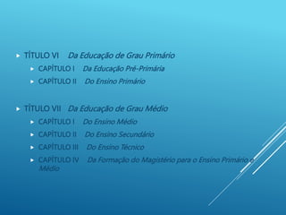  TÍTULO VI Da Educação de Grau Primário
 CAPÍTULO I Da Educação Pré-Primária
 CAPÍTULO II Do Ensino Primário
 TÍTULO VII Da Educação de Grau Médio
 CAPÍTULO I Do Ensino Médio
 CAPÍTULO II Do Ensino Secundário
 CAPÍTULO III Do Ensino Técnico
 CAPÍTULO IV Da Formação do Magistério para o Ensino Primário e
Médio
 