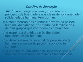 Dos Fins da Educação
Art. 1º A educação nacional, inspirada nos
princípios de liberdade e nos ideais de solidariedade
solidariedade humana, tem por fim:
a) a compreensão dos direitos e deveres da pessoa
humana, do cidadão, do Estado, da família e dos
demais grupos que compõem a comunidade;
b) o respeito à dignidade e às liberdades
fundamentais do homem;
d) o desenvolvimento integral da personalidade
humana e a sua participação na obra do bem
comum;
e) o preparo do indivíduo e da sociedade para o
domínio dos recursos científicos e tecnológicos
 