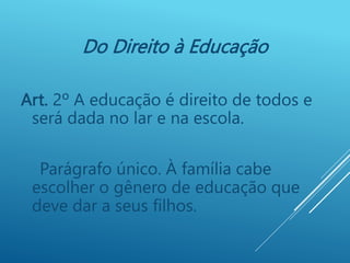 Do Direito à Educação
Art. 2º A educação é direito de todos e
será dada no lar e na escola.
Parágrafo único. À família cabe
escolher o gênero de educação que
deve dar a seus filhos.
 