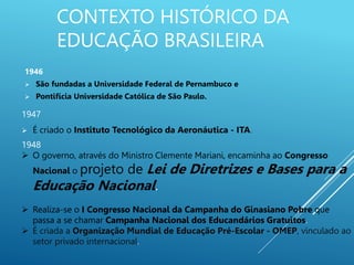 CONTEXTO HISTÓRICO DA
EDUCAÇÃO BRASILEIRA
1946
 São fundadas a Universidade Federal de Pernambuco e
 Pontifícia Universidade Católica de São Paulo.
1947
 É criado o Instituto Tecnológico da Aeronáutica - ITA.
1948
 O governo, através do Ministro Clemente Mariani, encaminha ao Congresso
Nacional o projeto de Lei de Diretrizes e Bases para a
Educação Nacional.
 Realiza-se o I Congresso Nacional da Campanha do Ginasiano Pobre que
passa a se chamar Campanha Nacional dos Educandários Gratuitos.
 É criada a Organização Mundial de Educação Pré-Escolar - OMEP, vinculado ao
setor privado internacional.
 