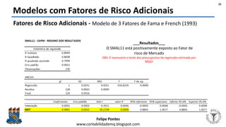 Felipe Pontes
www.contabilidademq.blogspot.com
Modelos com Fatores de Risco Adicionais
Fatores de Risco Adicionais - Modelo de 3 Fatores de Fama e French (1993)
25
___Resultados___
O SMAL11 está positivamente exposto ao Fator de
risco de Mercado
OBS: É necessário o teste dos pressupostos da regressão estimada por
MQO!
 
