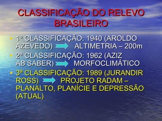 CLASSIFICAÇÃO DO RELEVOCLASSIFICAÇÃO DO RELEVO
BRASILEIROBRASILEIRO
• 1ª CLASSIFICAÇÃO: 1940 (AROLDO1ª CLASSIFICAÇÃO: 1940 (AROLDO
AZEVEDO) ALTIMETRIA – 200mAZEVEDO) ALTIMETRIA – 200m
• 2ª CLASSIFICAÇÃO: 1962 (AZIZ2ª CLASSIFICAÇÃO: 1962 (AZIZ
AB’SABER) MORFOCLIMÁTICOAB’SABER) MORFOCLIMÁTICO
• 3ª CLASSIFICAÇÃO: 1989 (JURANDIR3ª CLASSIFICAÇÃO: 1989 (JURANDIR
ROSS) PROJETO RADAM –ROSS) PROJETO RADAM –
PLANALTO, PLANÍCIE E DEPRESSÃOPLANALTO, PLANÍCIE E DEPRESSÃO
(ATUAL)(ATUAL)
 