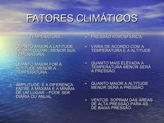 FATORES CLIMÁTICOSFATORES CLIMÁTICOS
TEMPERATURA :TEMPERATURA :
• QUANTO MAIOR A LATITUDEQUANTO MAIOR A LATITUDE
DE UMA LUGAR , MENOR SUADE UMA LUGAR , MENOR SUA
TEMERATURA;TEMERATURA;
• QUANTO MAIOR FOR AQUANTO MAIOR FOR A
ALTITUDE MENOR AALTITUDE MENOR A
TEMPERATURATEMPERATURA
• AMPLITUDE: É A DIFERENÇAAMPLITUDE: É A DIFERENÇA
ENTRE A MÁXIMA E A MÍNIMAENTRE A MÁXIMA E A MÍNIMA
DE UM LUGAR – PODE SERDE UM LUGAR – PODE SER
DIÁRIA OU ANUALDIÁRIA OU ANUAL
• PRESSÃO ATMOSFÉRICA:PRESSÃO ATMOSFÉRICA:
• VARIA DE ACORDO COM AVARIA DE ACORDO COM A
TEMPERATURA E A ALTITUDETEMPERATURA E A ALTITUDE
• QUANTO MAIS ELEVADA AQUANTO MAIS ELEVADA A
TEMPERATURA MENOR SERÁTEMPERATURA MENOR SERÁ
A PRESSÃO.A PRESSÃO.
• QUANTO MAIOR A ALTITUDEQUANTO MAIOR A ALTITUDE
MENOR SERÁ A PRESSÃOMENOR SERÁ A PRESSÃO
• VENTOS: SOPRAM DAS ÁREASVENTOS: SOPRAM DAS ÁREAS
DE ALTA PRESSÃO PARA ASDE ALTA PRESSÃO PARA AS
DE BAIXA PRESSÃO.DE BAIXA PRESSÃO.
 