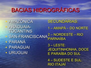 BACIAS HIDROGRÁFICASBACIAS HIDROGRÁFICAS
• AMAZÔNICAAMAZÔNICA
• ARAGUAIA-ARAGUAIA-
TOCANTINSTOCANTINS
• SAN-FRANCISCANASAN-FRANCISCANA
• PARANÁPARANÁ
• PARAGUAIPARAGUAI
• URUGUAIURUGUAI
SECUNDÁRIAS:SECUNDÁRIAS:
1 – AMAPÁ – DO NORTE1 – AMAPÁ – DO NORTE
2 – NORDESTE – RIO2 – NORDESTE – RIO
PARNAÍBAPARNAÍBA
3 – LESTE:3 – LESTE:
JEQUITINHONHA, DOCEJEQUITINHONHA, DOCE
E PARAÍBA DO SULE PARAÍBA DO SUL
4 – SUDESTE E SUL:4 – SUDESTE E SUL:
RIO ITAJAÍRIO ITAJAÍ
 