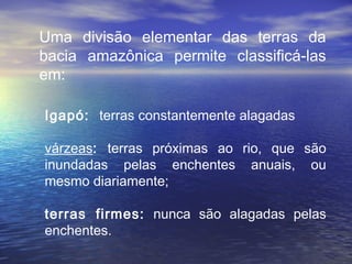 Uma divisão elementar das terras da
bacia amazônica permite classificá-las
em:
Igapó: terras constantemente alagadas
várzeas: terras próximas ao rio, que são
inundadas pelas enchentes anuais, ou
mesmo diariamente;
terras firmes: nunca são alagadas pelas
enchentes.
 