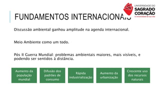 FUNDAMENTOS INTERNACIONAIS
Discussão ambiental ganhou amplitude na agenda internacional.
Meio Ambiente como um todo.
Pós II Guerra Mundial: problemas ambientais maiores, mais visíveis, e
podendo ser sentidos à distância.
Aumento da
população
mundial
Difusão dos
padrões de
consumo
Rápida
industrialização
Aumento da
urbanização
Crescente uso
dos recursos
naturais
 