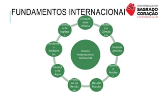 FUNDAMENTOS INTERNACIONAIS
Direito
Internacional
Ambiental
Crescim
ento
Urbano
Mudan
ças
Climáti
cas
Desmat
amento
Questã
o
Nuclea
r
Deserti
ficação
Produç
ão de
Resídu
os
Situaçã
o da
Água
Acidente
s
Ambient
ais
Extinçã
o de
espécie
s
 