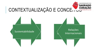 CONTEXTUALIZAÇÃO E CONCEITOS
Sustentabilidade
Relações
Internacionais
Sustentabilidade
Relações
Internacionais
 