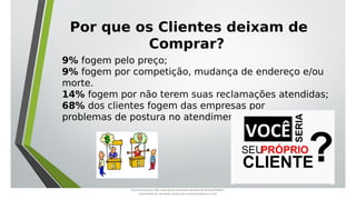 Por que os Clientes deixam de
Comprar?
9% fogem pelo preço;
9% fogem por competição, mudança de endereço e/ou
morte.
14% fogem por não terem suas reclamações atendidas;
68% dos clientes fogem das empresas por
problemas de postura no atendimento;
Document shared on https://www.docsity.com/pt/aula-atendente-de-farmacia/5033501/
Downloaded by: fernando-santos-oob (nandoscoth@gmail.com)
 