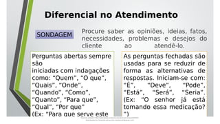 Diferencial no Atendimento
SONDAGEM
Procure saber as opiniões, ideias, fatos,
necessidades, problemas e desejos do
cliente ao atendê-lo.
Perguntas abertas sempre
são
iniciadas com indagações
como: “Quem”, “O que”,
“Quais”, “Onde”,
“Quando”, “Como”,
“Quanto”, “Para que”,
“Qual”, “Por que”
(Ex: “Para que serve este
As perguntas fechadas são
usadas para se reduzir de
forma as alternativas de
respostas. Iniciam-se com:
“É”, “Deve”, “Pode”,
“Está”, “Será”, “Seria”.
(Ex: “O senhor já está
tomando essa medicação?
”)
Document shared on https://www.docsity.com/pt/aula-atendente-de-farmacia/5033501/
Downloaded by: fernando-santos-oob (nandoscoth@gmail.com)
 
