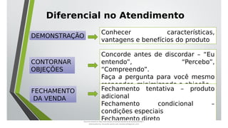 Diferencial no Atendimento
DEMONSTRAÇÃO
Conhecer características,
vantagens e benefícios do produto
CONTORNAR
OBJEÇÕES
Concorde antes de discordar – “Eu
entendo”, “Percebo”,
“Compreendo”.
Faça a pergunta para você mesmo
responder, minimizando a objeção.
FECHAMENTO
DA VENDA
Fechamento tentativa – produto
adicional
Fechamento condicional –
condições especiais
Fechamento direto
Document shared on https://www.docsity.com/pt/aula-atendente-de-farmacia/5033501/
Downloaded by: fernando-santos-oob (nandoscoth@gmail.com)
 