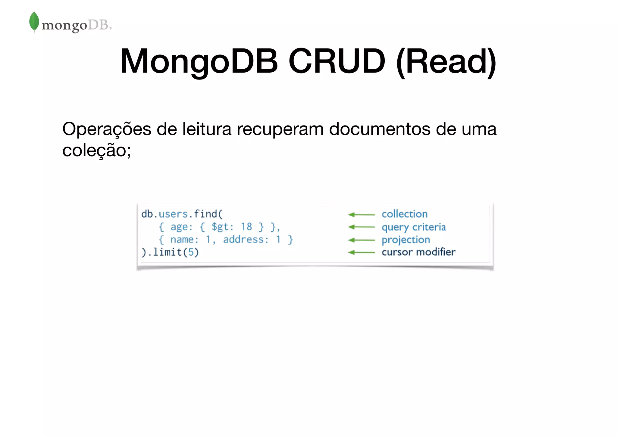 MongoDB CRUD (Read)
Operações de leitura recuperam documentos de uma
coleção;
 