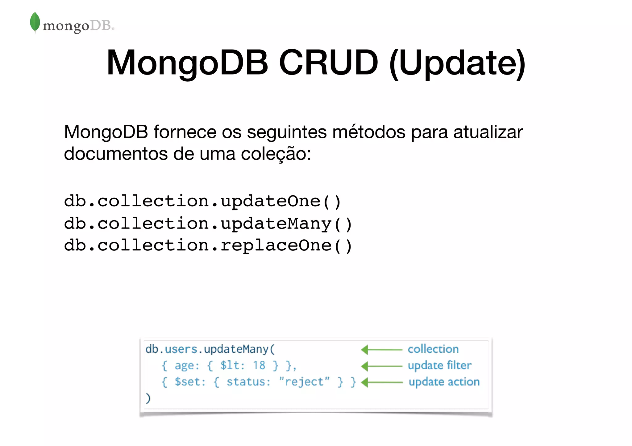 MongoDB CRUD (Update)
MongoDB fornece os seguintes métodos para atualizar
documentos de uma coleção:

db.collection.updateOne()  
db.collection.updateMany() 
db.collection.replaceOne()
 