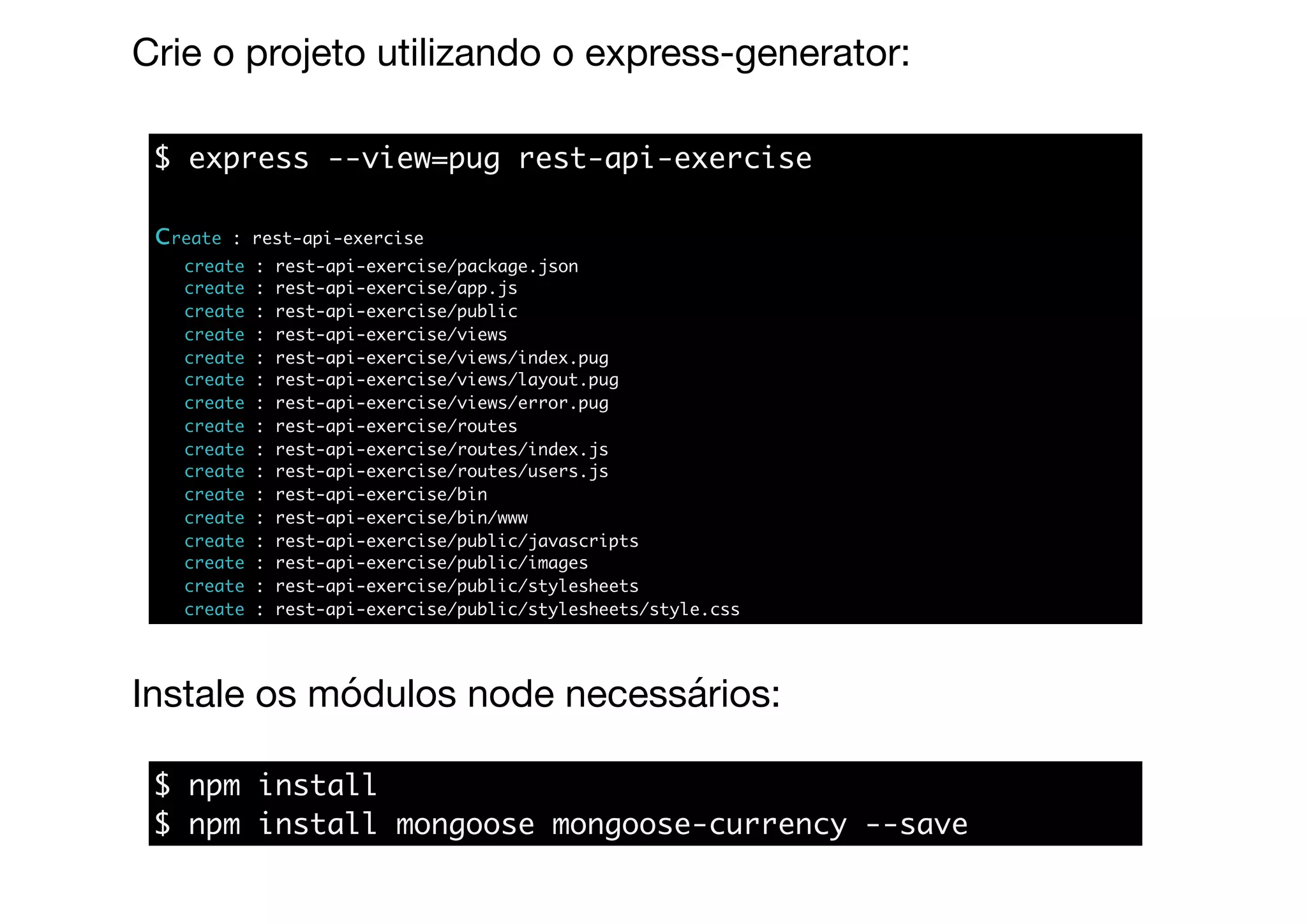 Crie o projeto utilizando o express-generator:
$ express --view=pug rest-api-exercise
create : rest-api-exercise
create : rest-api-exercise/package.json
create : rest-api-exercise/app.js
create : rest-api-exercise/public
create : rest-api-exercise/views
create : rest-api-exercise/views/index.pug
create : rest-api-exercise/views/layout.pug
create : rest-api-exercise/views/error.pug
create : rest-api-exercise/routes
create : rest-api-exercise/routes/index.js
create : rest-api-exercise/routes/users.js
create : rest-api-exercise/bin
create : rest-api-exercise/bin/www
create : rest-api-exercise/public/javascripts
create : rest-api-exercise/public/images
create : rest-api-exercise/public/stylesheets
create : rest-api-exercise/public/stylesheets/style.css
$ npm install
$ npm install mongoose mongoose-currency --save
Instale os módulos node necessários:
 