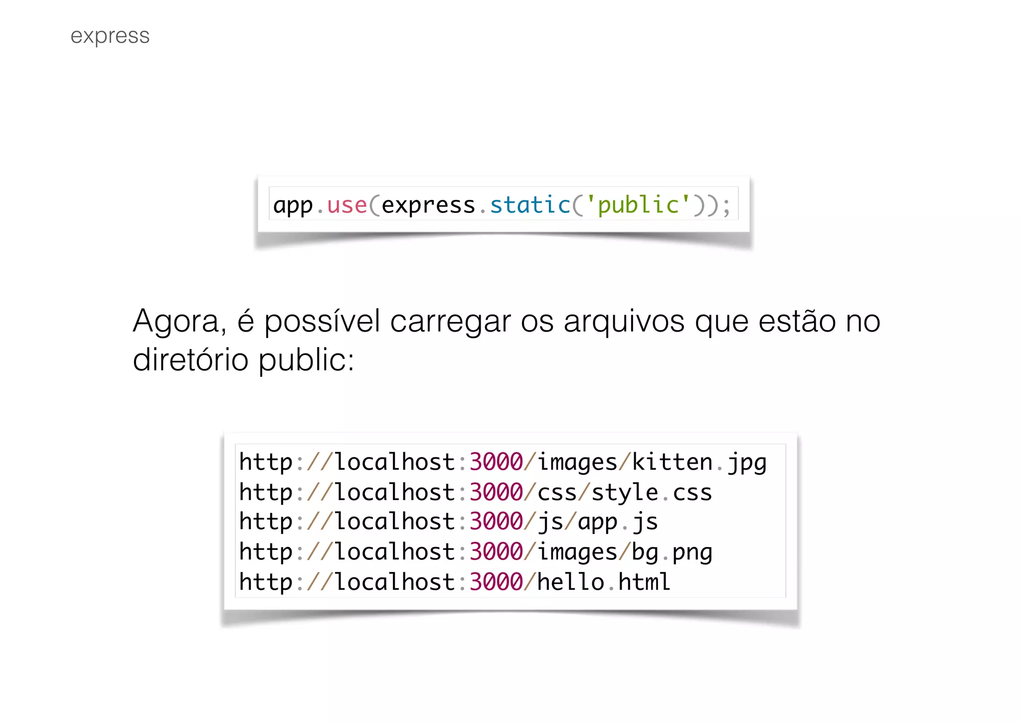 Agora, é possível carregar os arquivos que estão no
diretório public:
express
app.use(express.static('public'));
http://localhost:3000/images/kitten.jpg
http://localhost:3000/css/style.css
http://localhost:3000/js/app.js
http://localhost:3000/images/bg.png
http://localhost:3000/hello.html
 