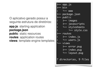 !"" app.js
!"" bin
# $"" www
!"" package.json
!"" public
# !"" images
# !"" javascripts
# $"" stylesheets
# $"" style.css
!"" routes
# !"" index.js
# $"" users.js
$"" views
!"" error.pug
!"" index.pug
$"" layout.pug
7 directories, 9 files
O aplicativo gerado possui a
seguinte estrutura de diretórios:
app.js: starting application
package.json
public: static resources
routes: application routes
views: template engine templates
 