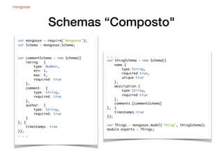 Schemas “Composto"
mongoose
var mongoose = require('mongoose');
var Schema = mongoose.Schema;
var commentSchema = new Schema({
rating: {
type: Number,
min: 1,
max: 5,
required: true
},
comment: {
type: String,
required: true
},
author: {
type: String,
required: true
}
}, {
timestamps: true
});
. . .
. . .
var thingSchema = new Schema({
name:{
type:String,
required:true,
unique:true
},
description:{
type:String,
required:true
},
comments:[commentSchema]
}, {
timestamps:true
});
var Things = mongoose.model('thing', thingSchema);
module.exports = Things;
 