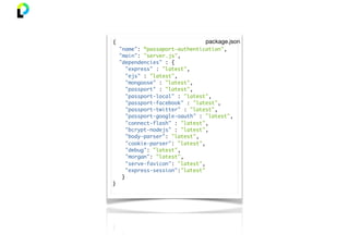 {
"name": “passaport-authentication",
"main": "server.js",
"dependencies" : {
"express" : "latest",
"ejs" : "latest",
"mongoose" : "latest",
"passport" : "latest",
"passport-local" : "latest",
"passport-facebook" : "latest",
"passport-twitter" : "latest",
"passport-google-oauth" : "latest",
"connect-flash" : "latest",
"bcrypt-nodejs" : "latest",
"body-parser": "latest",
"cookie-parser": "latest",
"debug": "latest",
"morgan": "latest",
"serve-favicon": "latest",
"express-session":"latest"
}
}
package.json
 