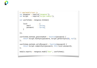 // app/models/user.js
var mongoose = require('mongoose');
var bcrypt = require('bcrypt-nodejs');
var userSchema = mongoose.Schema({
local : {
email : String,
password : String,
}
});
userSchema.methods.generateHash = function(password) {
return bcrypt.hashSync(password, bcrypt.genSaltSync(8), null);
};
userSchema.methods.validPassword = function(password) {
return bcrypt.compareSync(password, this.local.password);
};
module.exports = mongoose.model('User', userSchema);
 