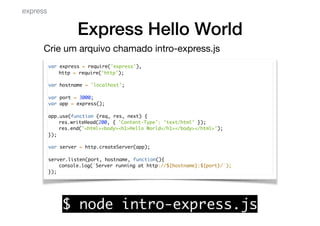 Express Hello World
var express = require('express'),
http = require('http');
var hostname = 'localhost';
var port = 3000;
var app = express();
app.use(function (req, res, next) {
res.writeHead(200, { 'Content-Type': 'text/html' });
res.end('<html><body><h1>Hello World</h1></body></html>');
});
var server = http.createServer(app);
server.listen(port, hostname, function(){
console.log(`Server running at http://${hostname}:${port}/`);
});
express
$ node intro-express.js
Crie um arquivo chamado intro-express.js

 