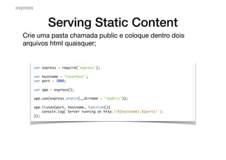 Serving Static Content
Crie uma pasta chamada public e coloque dentro dois
arquivos html quaisquer;

var express = require('express');
var hostname = 'localhost';
var port = 3000;
var app = express();
app.use(express.static(__dirname + '/public'));
app.listen(port, hostname, function(){
console.log(`Server running at http://${hostname}:${port}/`);
});
express
 