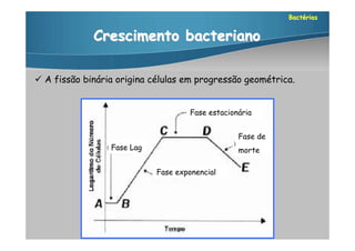 Bactérias


             Crescimento bacteriano

 A fissão binária origina células em progressão geométrica.


                                     Fase estacionária


                                                  Fase de
                 Fase Lag                         morte

                            Fase exponencial
 