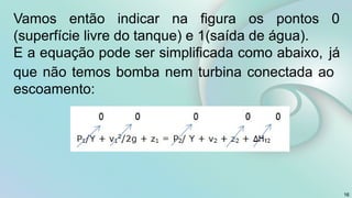 16
Vamos então indicar na figura os pontos 0
(superfície livre do tanque) e 1(saída de água).
E a equação pode ser simplificada como abaixo, já
que não temos bomba nem turbina conectada ao
escoamento:
 