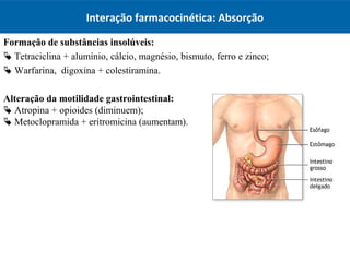 Formação de substâncias insolúveis:
 Tetraciclina + alumínio, cálcio, magnésio, bismuto, ferro e zinco;
 Warfarina, digoxina + colestiramina.
Alteração da motilidade gastrointestinal:
 Atropina + opioides (diminuem);
 Metoclopramida + eritromicina (aumentam).
Interação farmacocinética: Absorção
 