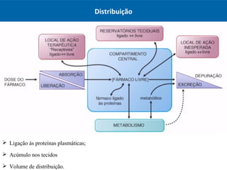 Distribuição
 Ligação às proteínas plasmáticas;
 Acúmulo nos tecidos
 Volume de distribuição.
 