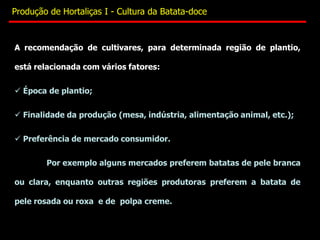 A recomendação de cultivares, para determinada região de plantio,
está relacionada com vários fatores:
 Época de plantio;
 Finalidade da produção (mesa, indústria, alimentação animal, etc.);
 Preferência de mercado consumidor.
Por exemplo alguns mercados preferem batatas de pele branca
ou clara, enquanto outras regiões produtoras preferem a batata de
pele rosada ou roxa e de polpa creme.
Produção de Hortaliças I - Cultura da Batata-doce
 