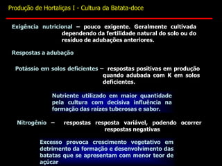 Potássio em solos deficientes – respostas positivas em produção
quando adubada com K em solos
deficientes.
Respostas a adubação
Nutriente utilizado em maior quantidade
pela cultura com decisiva influência na
formação das raízes tuberosas e sabor.
Nitrogênio – respostas resposta variável, podendo ocorrer
respostas negativas
Excesso provoca crescimento vegetativo em
detrimento da formação e desenvolvimento das
batatas que se apresentam com menor teor de
açúcar
Exigência nutricional – pouco exigente. Geralmente cultivada
dependendo da fertilidade natural do solo ou do
resíduo de adubações anteriores.
Produção de Hortaliças I - Cultura da Batata-doce
 