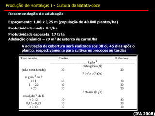 Recomendação de adubação
(IPA 2008)
Espaçamento: 1,00 x 0,25 m (população de 40.000 plantas/ha)
Produtividade média: 9 t/ha
Produtividade esperada: 17 t/ha
Adubação orgânica – 20 m3 de esterco de curral/ha
A adubação de cobertura será realizada aos 30 ou 45 dias após o
plantio, respectivamente para cultivares precoces ou tardias
Produção de Hortaliças I - Cultura da Batata-doce
 