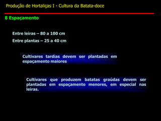 Entre leiras – 80 a 100 cm
Entre plantas – 25 a 40 cm
Cultivares tardias devem ser plantadas em
espaçamento maiores
Cultivares que produzem batatas graúdas devem ser
plantadas em espaçamento menores, em especial nas
leiras.
8 Espaçamento
Produção de Hortaliças I - Cultura da Batata-doce
 