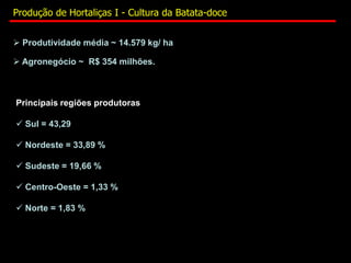  Produtividade média ~ 14.579 kg/ ha
 Agronegócio ~ R$ 354 milhões.
Principais regiões produtoras
 Sul = 43,29
 Nordeste = 33,89 %
 Sudeste = 19,66 %
 Centro-Oeste = 1,33 %
 Norte = 1,83 %
Produção de Hortaliças I - Cultura da Batata-doce
 